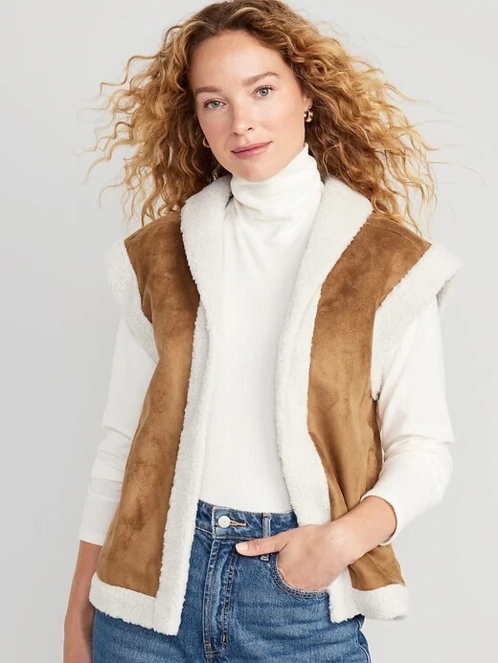 Old Navy Petite Large Faux Suede Sherpa Vest Brown Camel Boho Western Cozy